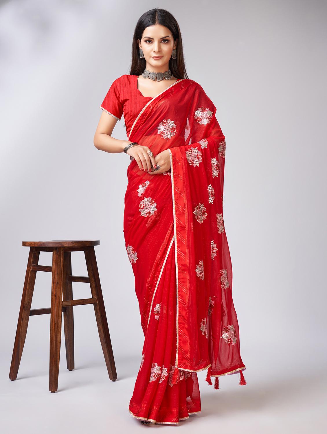 red solid with work saree - 20433959 - Zoom Image - 0