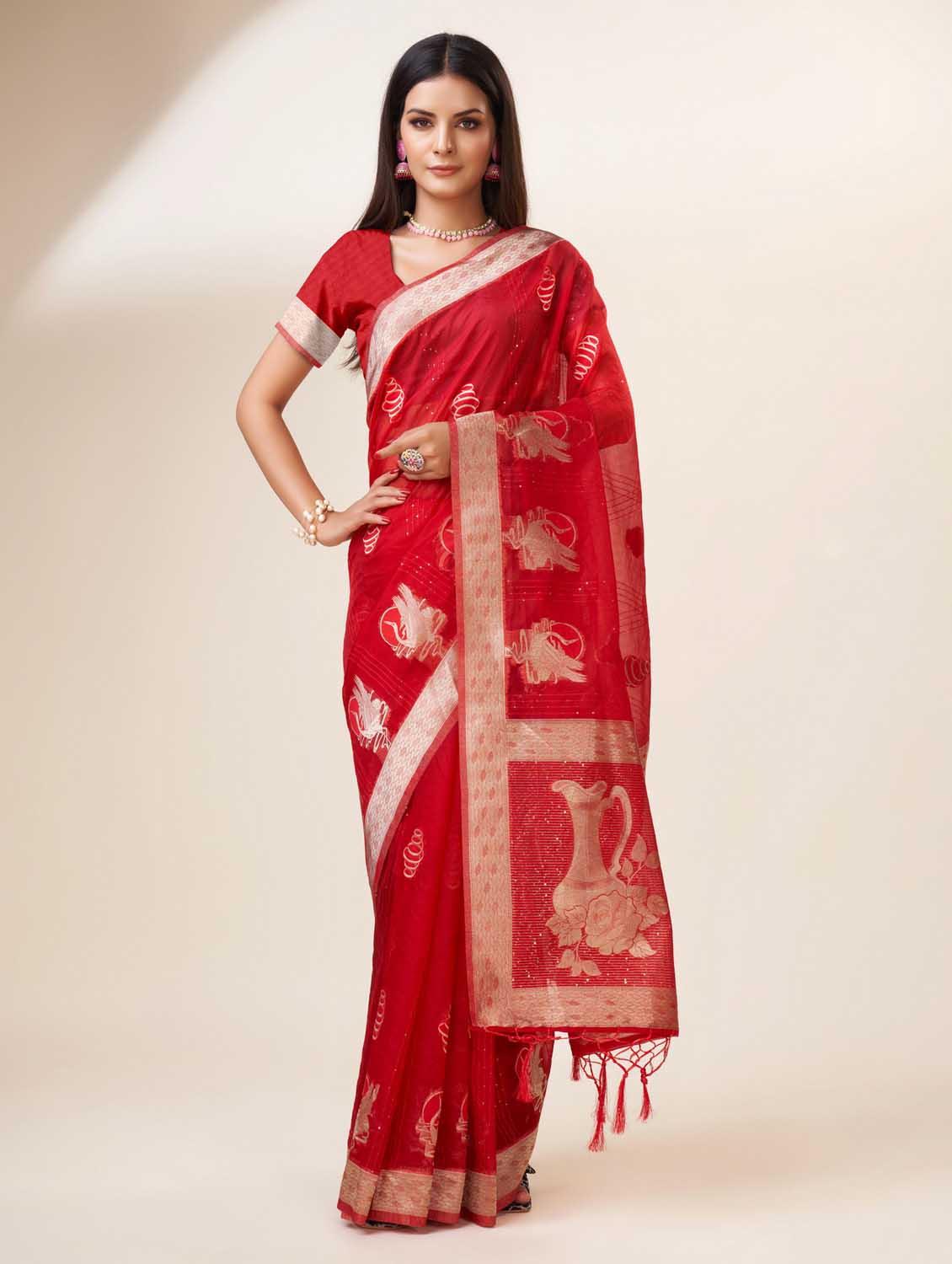 red self design banarasi saree - 20433979 - Zoom Image - 0