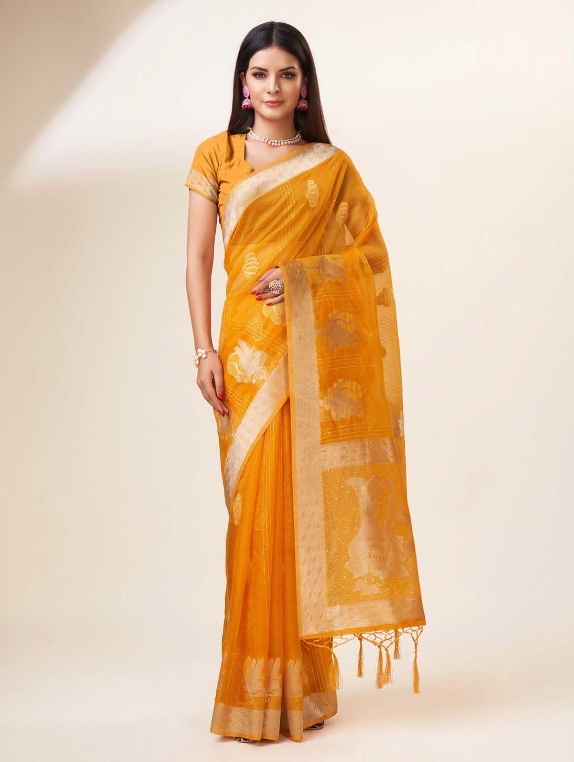 yellow self design banarasi saree - 20433982 - Zoom Image - 0