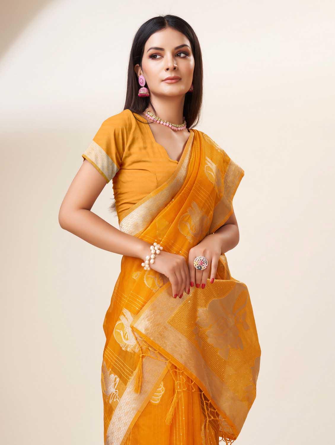 yellow self design banarasi saree - 20433982 - Standard Image - 3