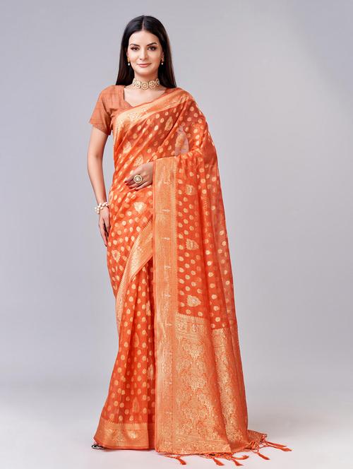orange self design banarasi saree - 20433990 -  Standard Image - 0