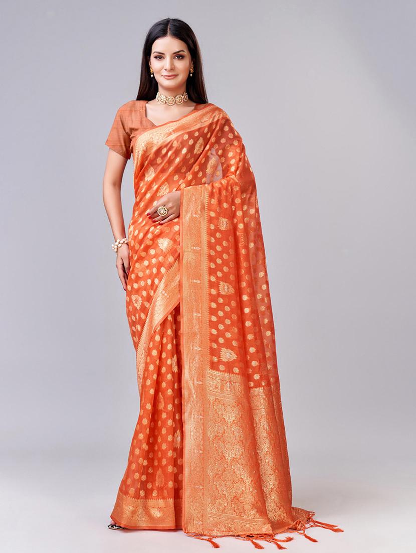 orange self design banarasi saree - 20433990 -  Zoom Image - 0