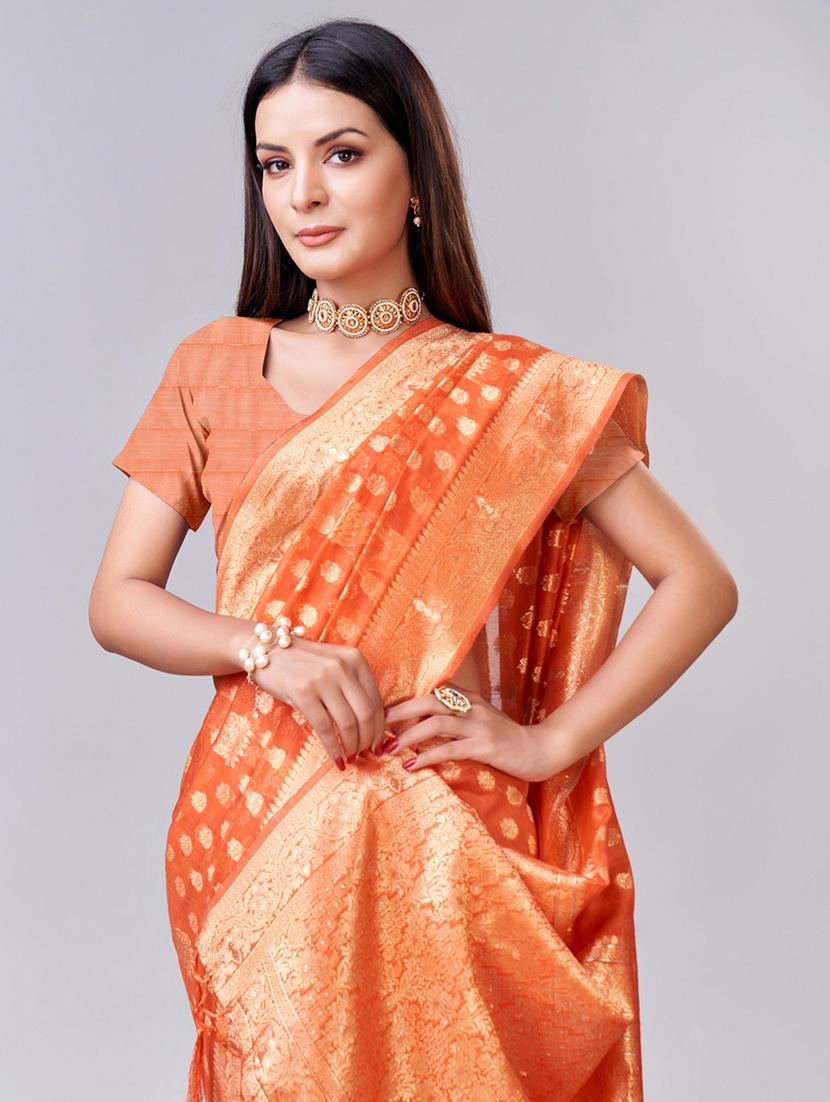 orange self design banarasi saree - 20433990 - Standard Image - 3