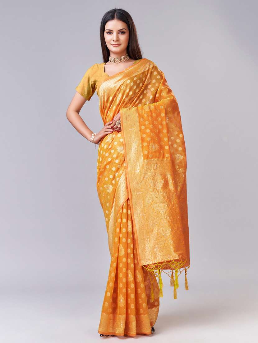yellow self design banarasi saree - 20433993 -  Zoom Image - 0