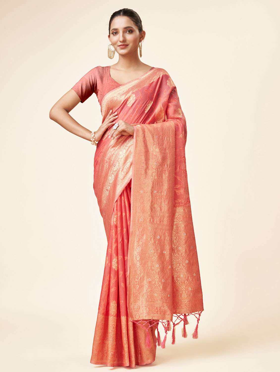 peach self design banarasi saree - 20434009 - Zoom Image - 0