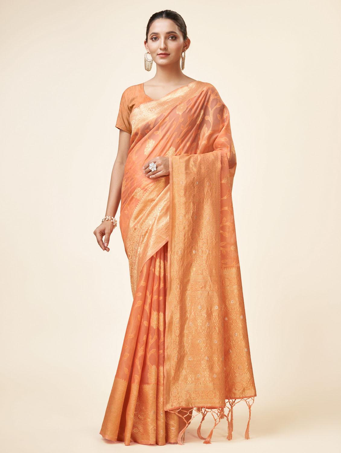 peach self design banarasi saree - 20434011 - Zoom Image - 0