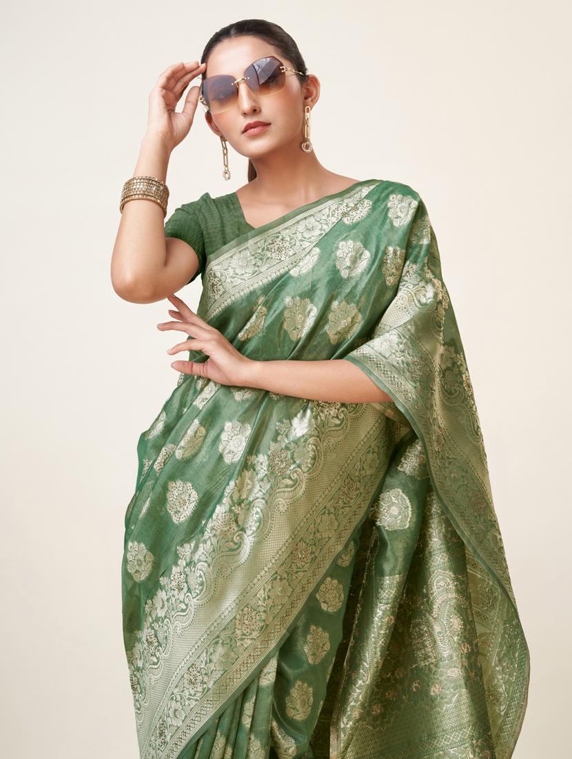 green self design banarasi saree - 20434026 - Standard Image - 3