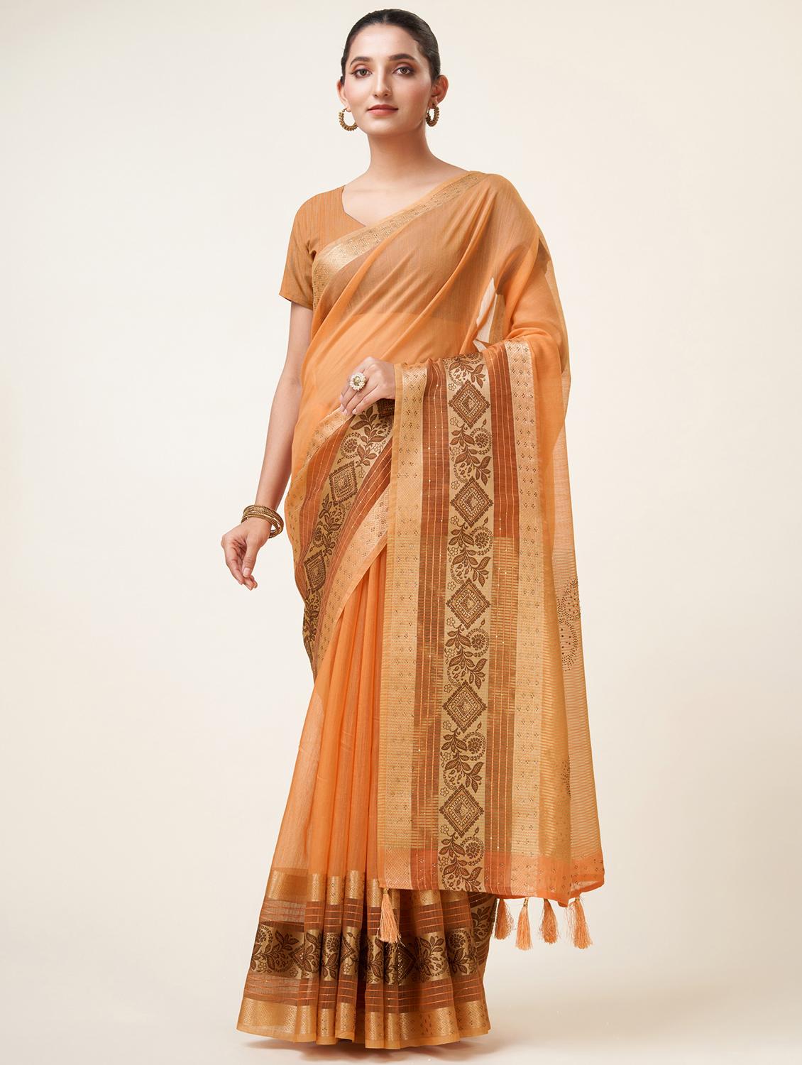 orange self design bordered saree - 20434039 - Zoom Image - 0