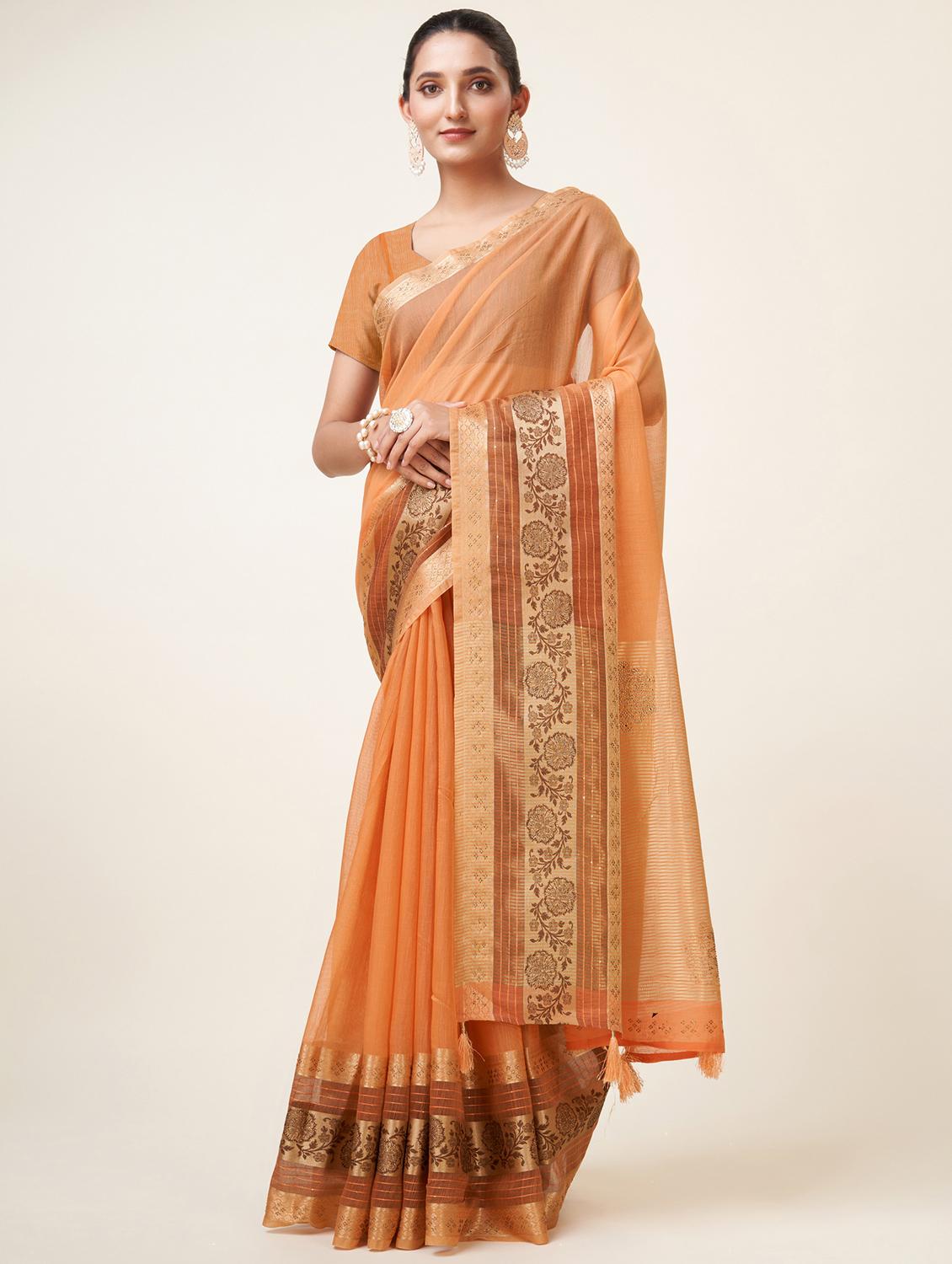 peach self design bordered saree - 20434041 - Zoom Image - 0