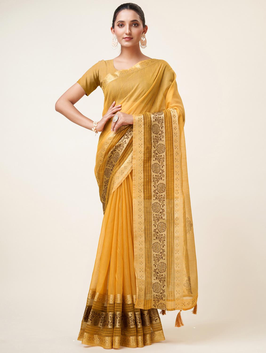 yellow self design bordered saree - 20434044 - Zoom Image - 0