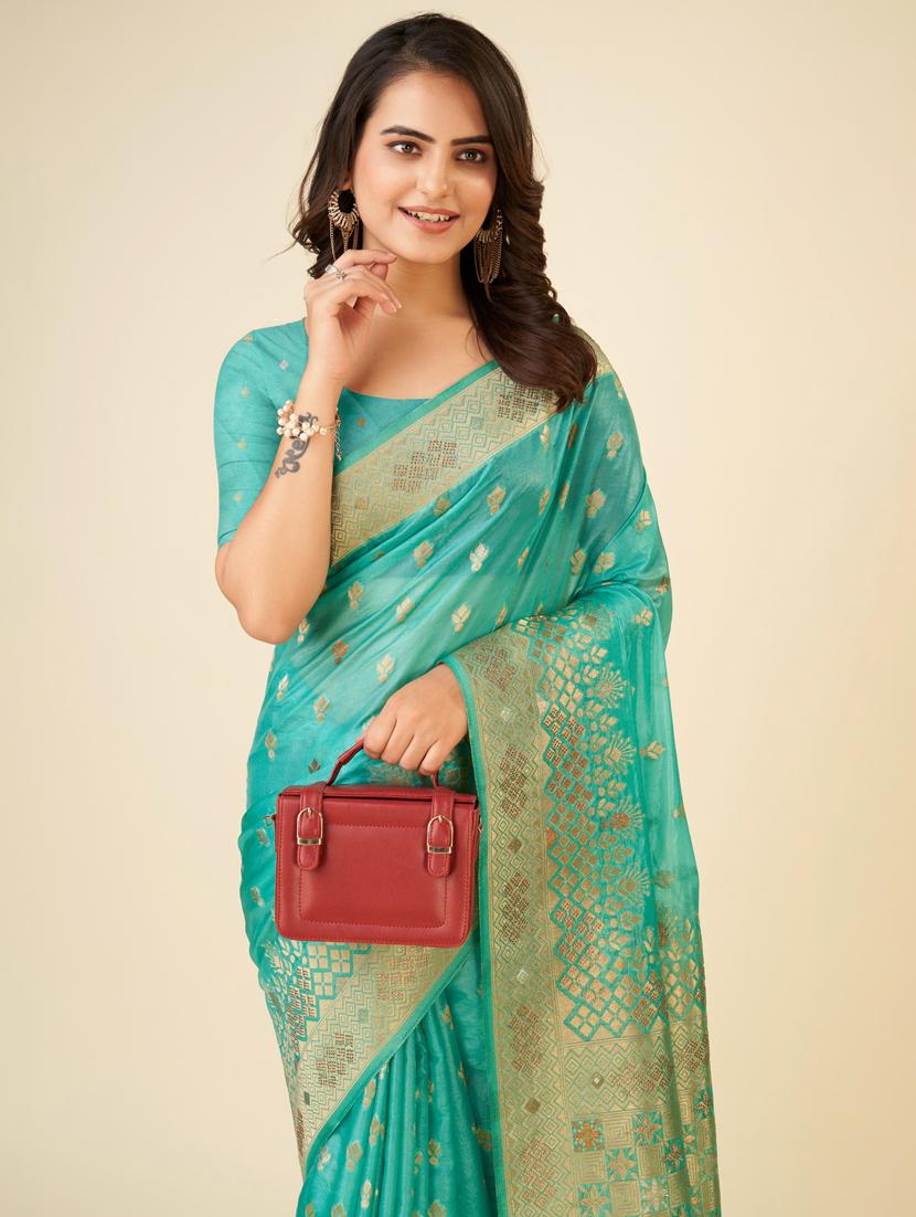 sea green self design bordered saree - 20434077 - Standard Image - 3