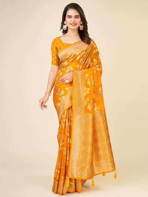 yellow self design banarasi saree - 20434087 - Standard Image - 0