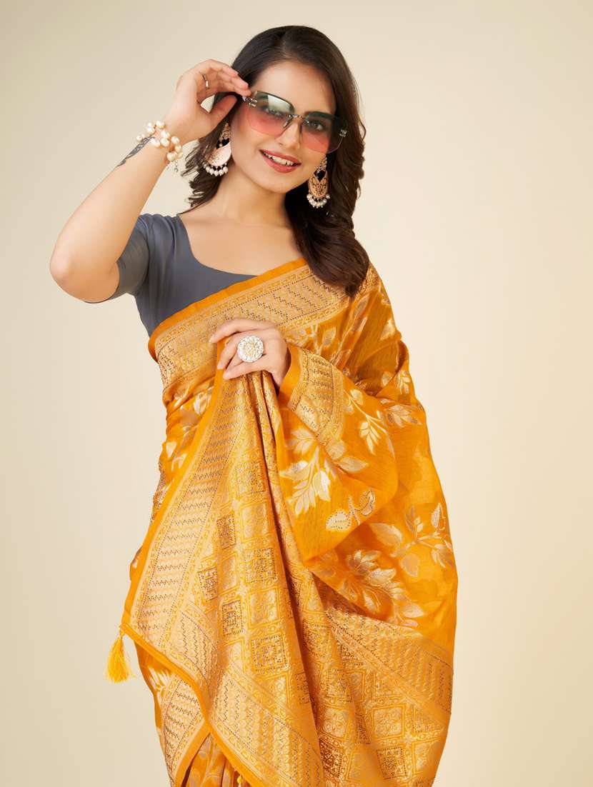 yellow self design banarasi saree - 20434087 - Standard Image - 3