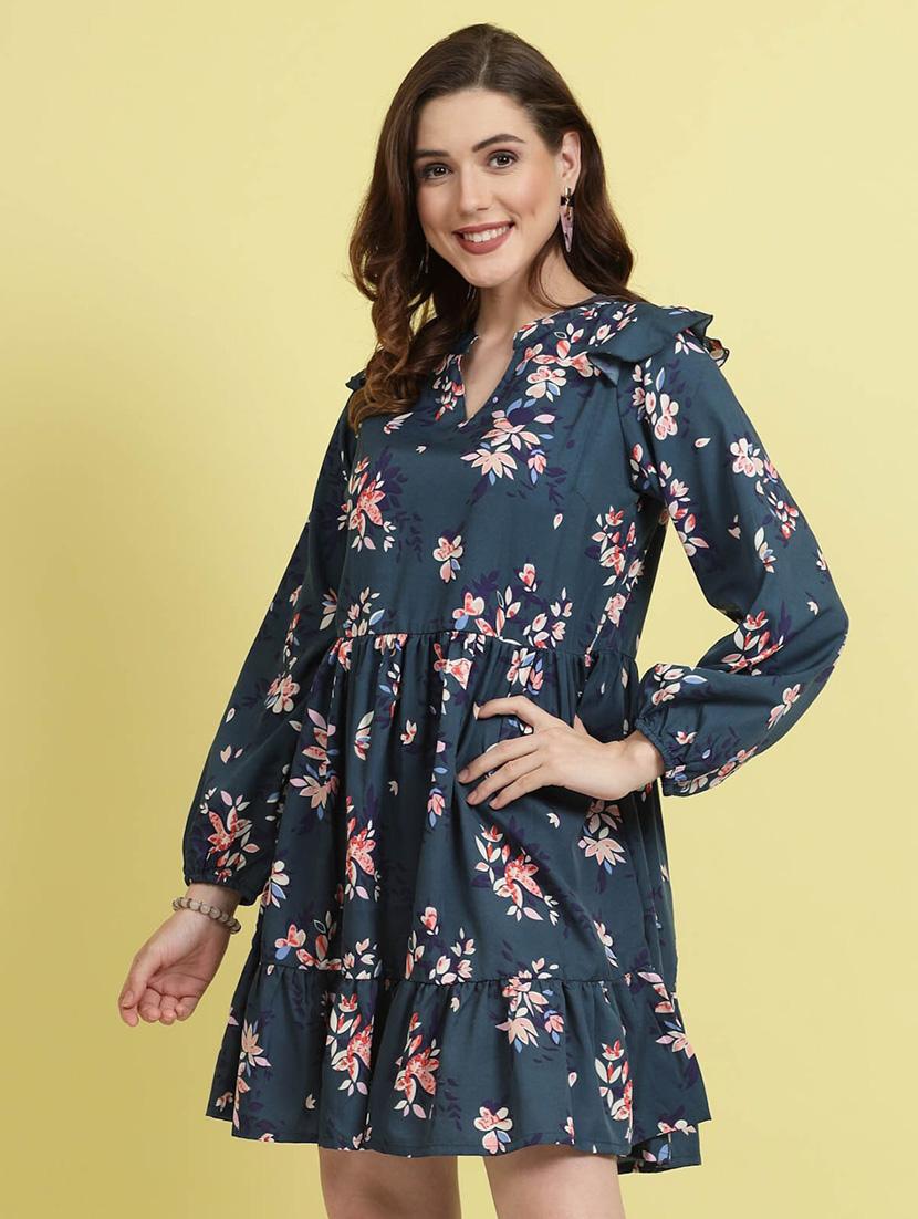 teal floral print fit & flare dress - 20436069 - Zoom Image - 0