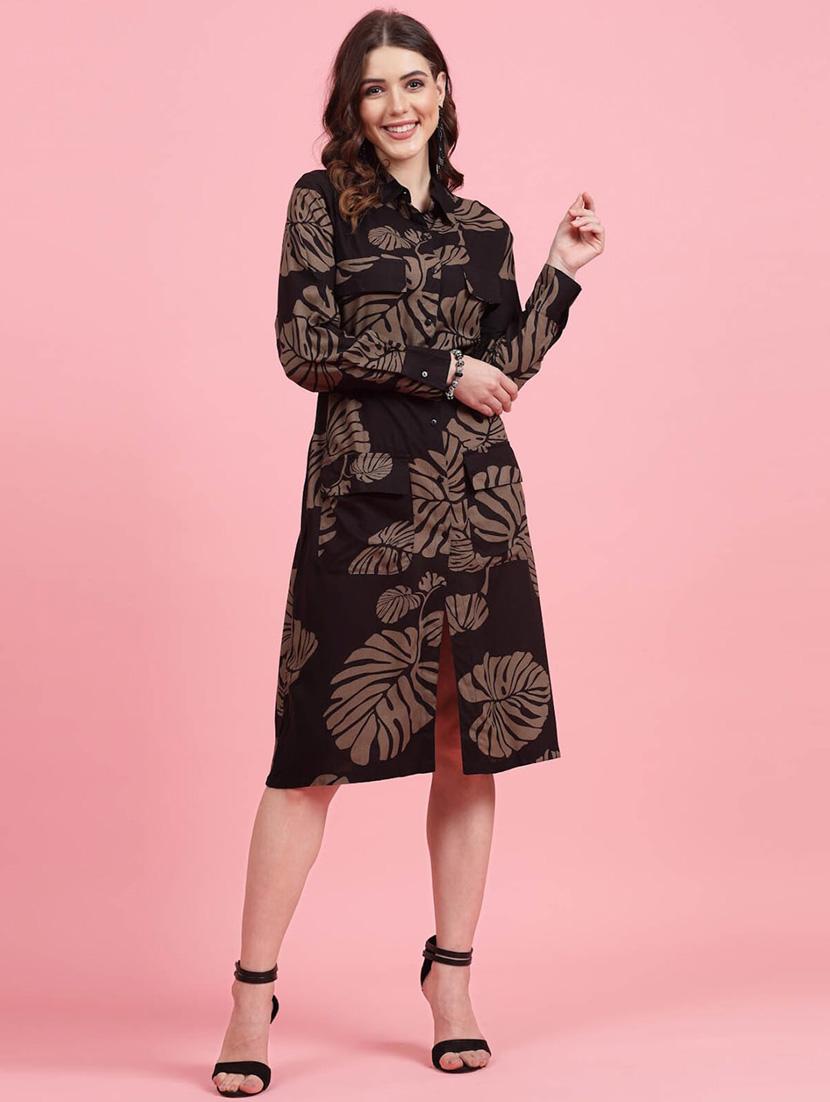 coffee brown tropical print shirt dress - 20436082 -  Zoom Image - 0