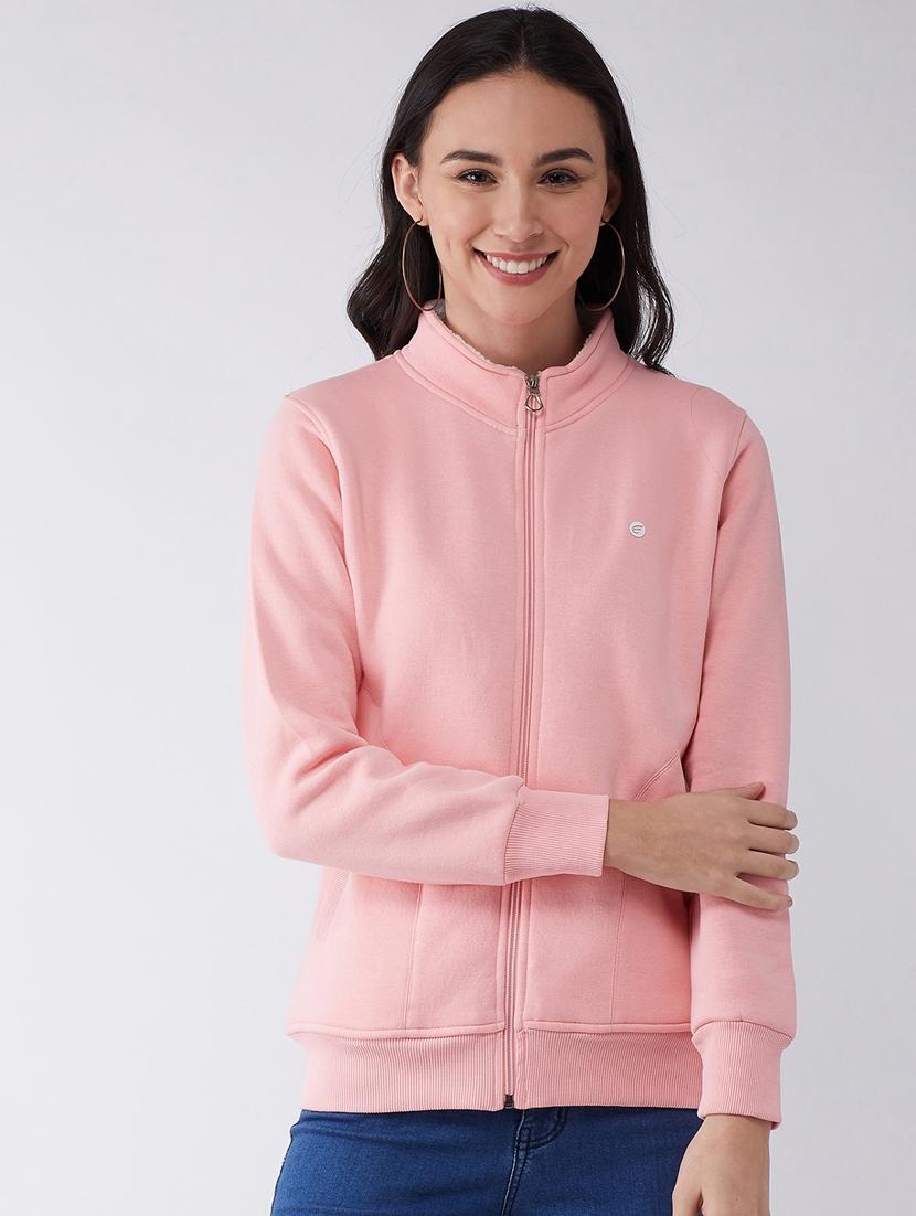 pink solid stand collar sweatshirt