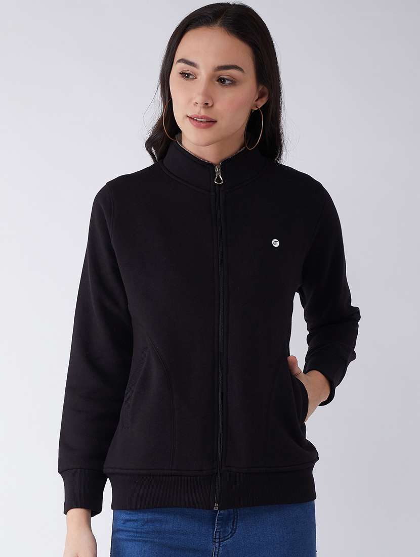 black solid stand collar sweatshirt - 20436410 -  Zoom Image - 0
