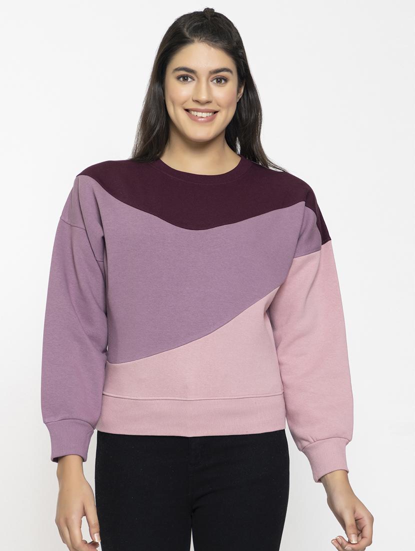 purple color blocked round neck sweatshirt - 20436411 - Zoom Image - 0