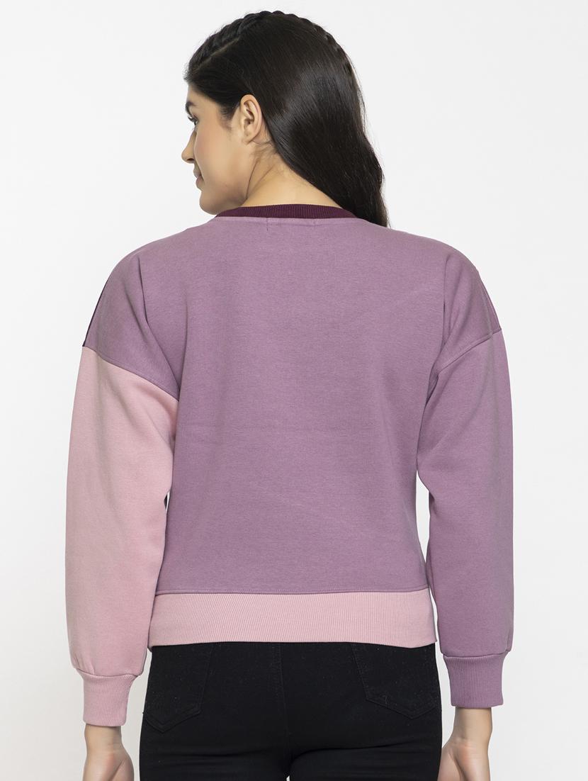 purple color blocked round neck sweatshirt - 20436411 - Standard Image - 3