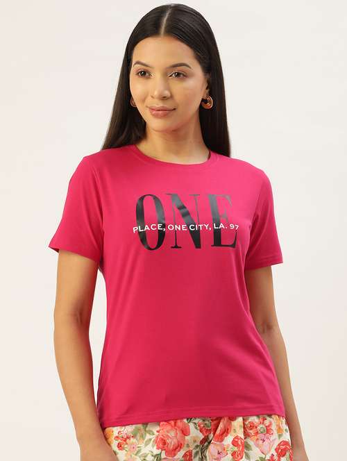 women's chest print round neck t-shirt - 20436453 -  Standard Image - 0