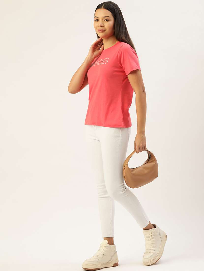 women's chest print round neck t-shirt - 20436459 -  Standard Image - 3