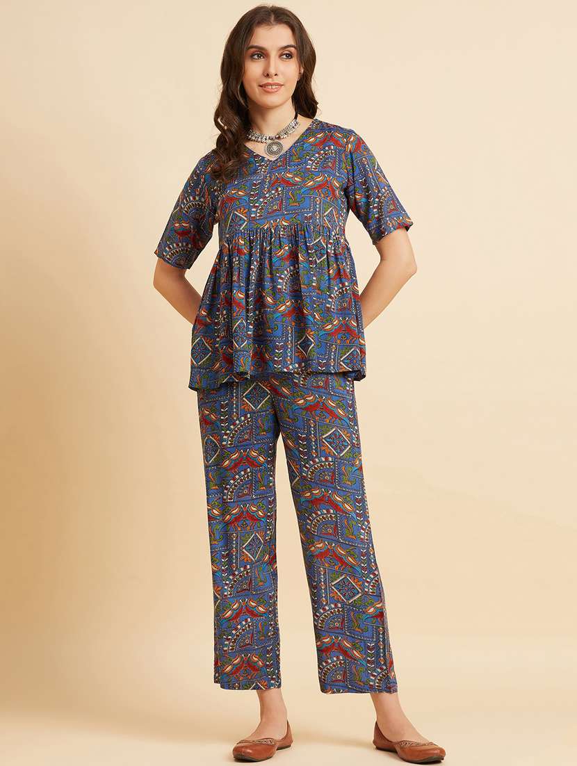 blue printed top and palazzo set 