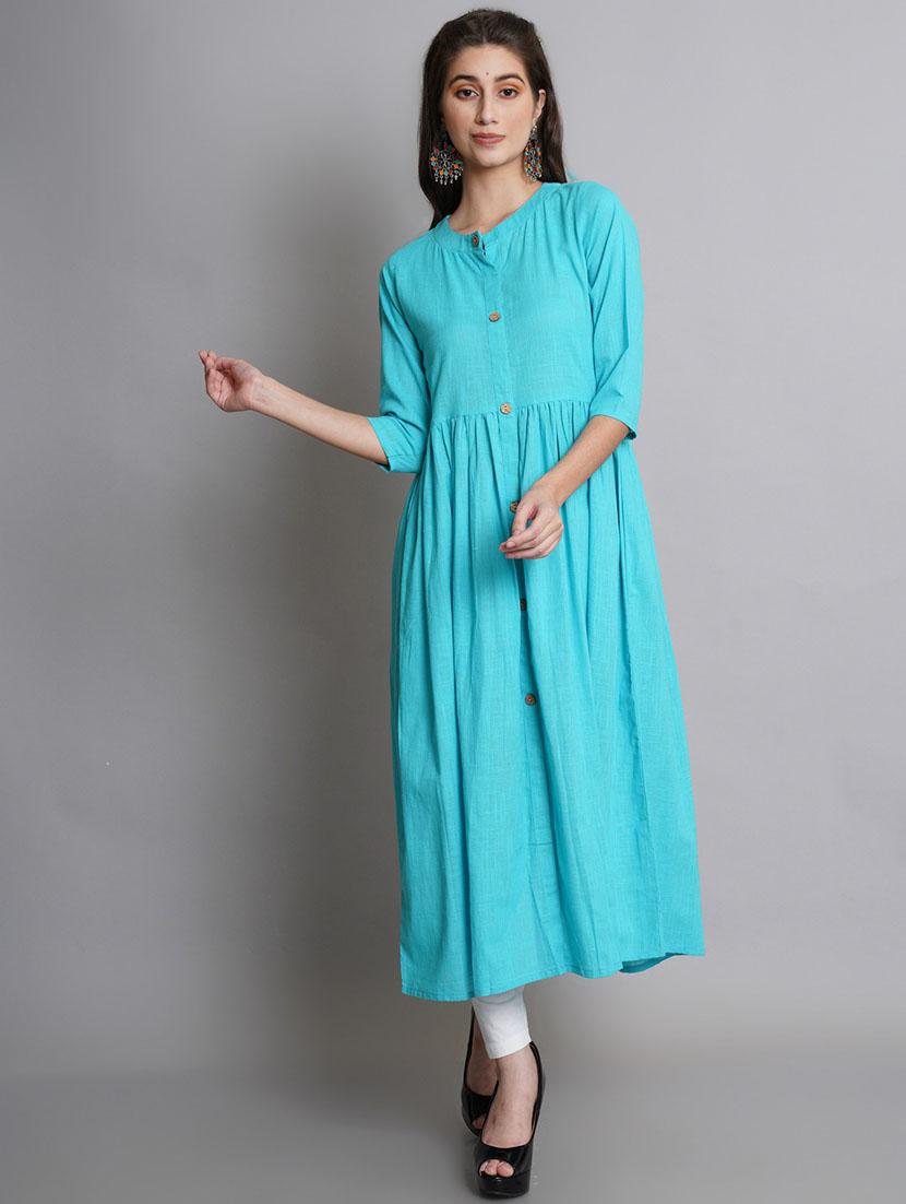 women light blue mandarin neck flared kurta - 20442648 - Zoom Image - 0