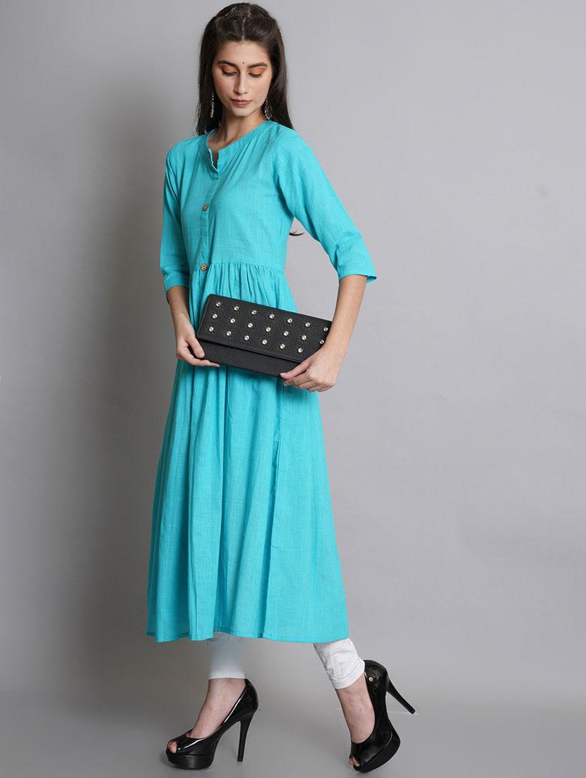women light blue mandarin neck flared kurta - 20442648 - Standard Image - 3