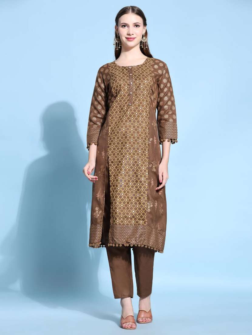 women brown round neck kurta pant set - 20444197 - Zoom Image - 0
