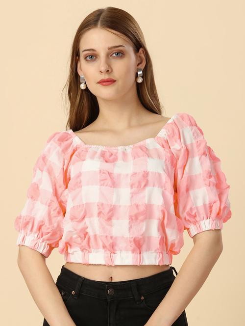 peach & white checkered crop top - 20444215 - Standard Image - 0