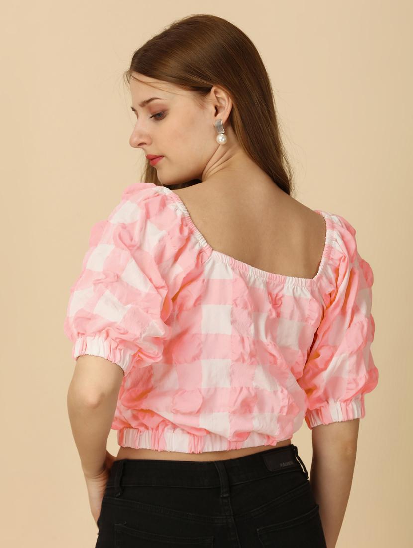 peach & white checkered crop top - 20444215 - Standard Image - 3