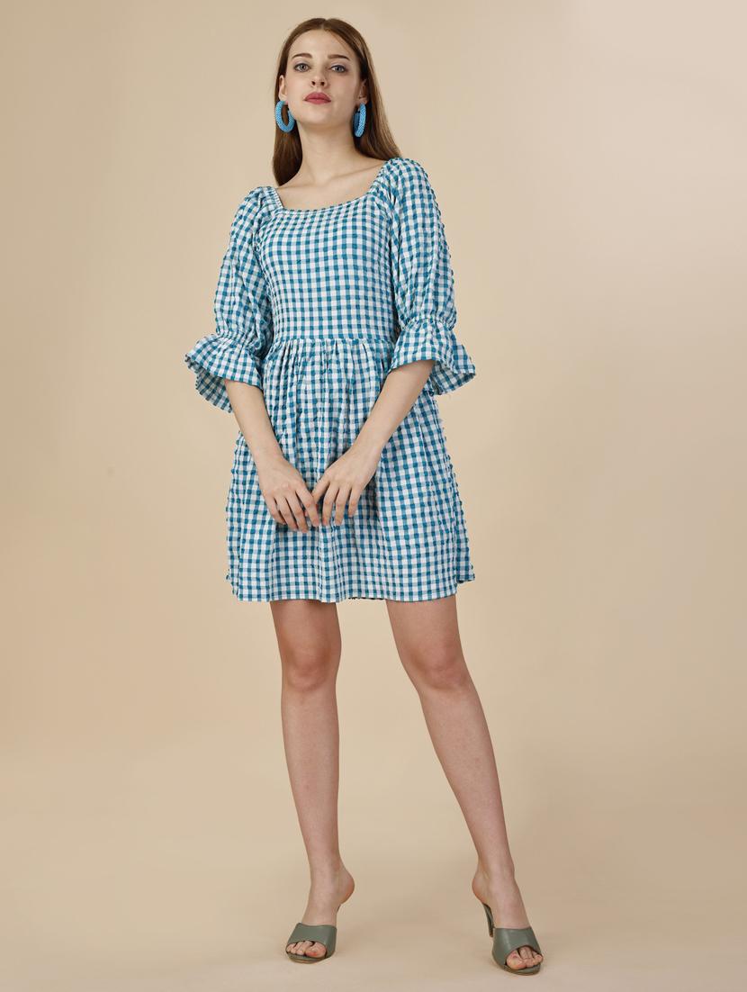 ai aqua checks fit & flare dress - 20444253 -  Zoom Image - 0