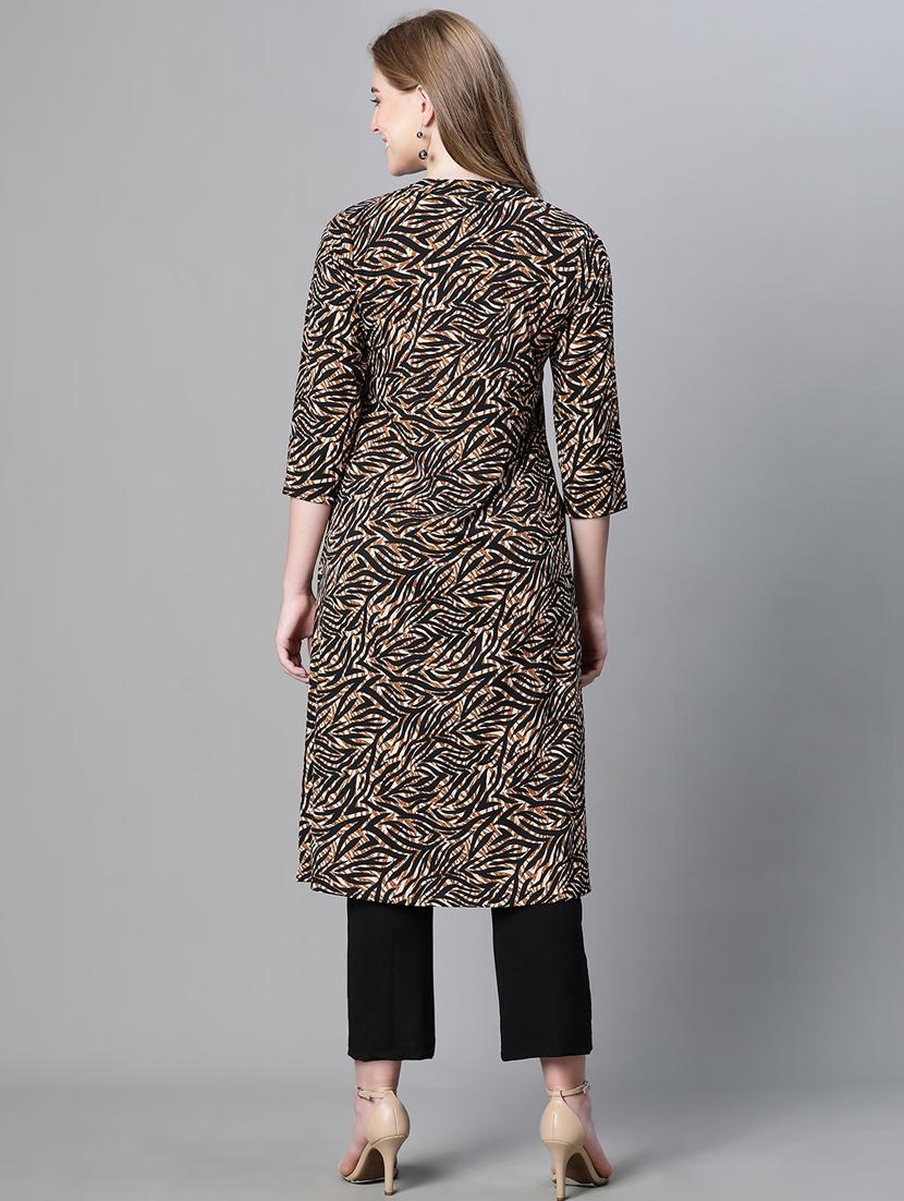 black printed v neck a-line kurta - 20445555 - Standard Image - 3