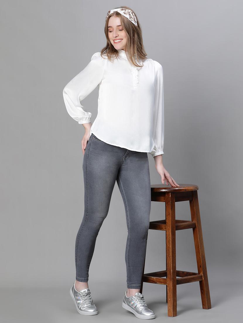 white solid mandarin neck top - 20445604 - Standard Image - 3