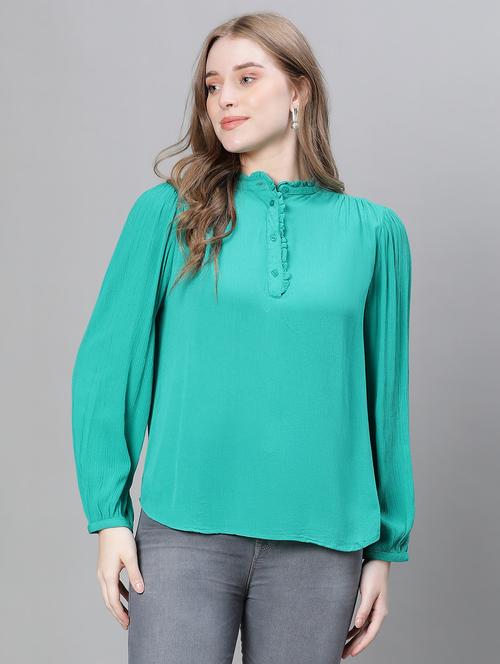 green solid mandarin neck top - 20445607 - Standard Image - 0
