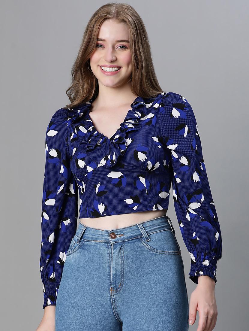 navy blue printed puff sleeves crop top - 20445613 -  Zoom Image - 0