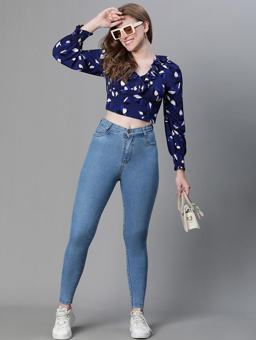 navy blue printed puff sleeves crop top - 20445613 - Standard Image - 3