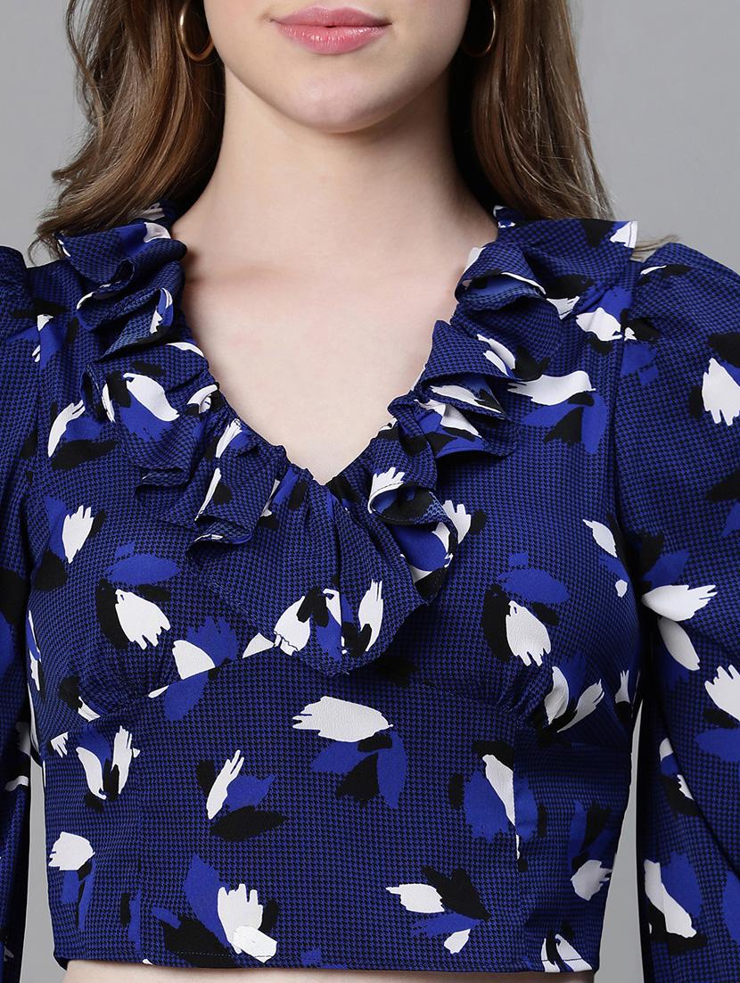navy blue printed puff sleeves crop top - 20445613 - Standard Image - 5