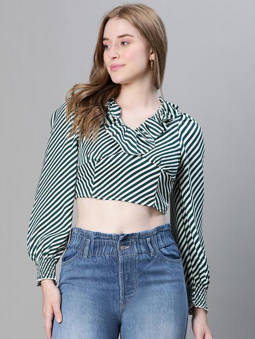 green striped puff sleeves crop top - 20445614 -  Standard Image - 0