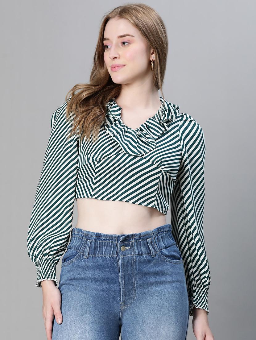 green striped puff sleeves crop top - 20445614 -  Zoom Image - 0