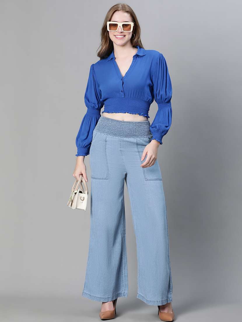 blue solid shirt collar crop top - 20445619 - Standard Image - 3