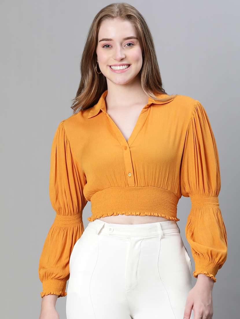 yellow solid puff sleeves shirt collar top - 20445620 - Zoom Image - 0