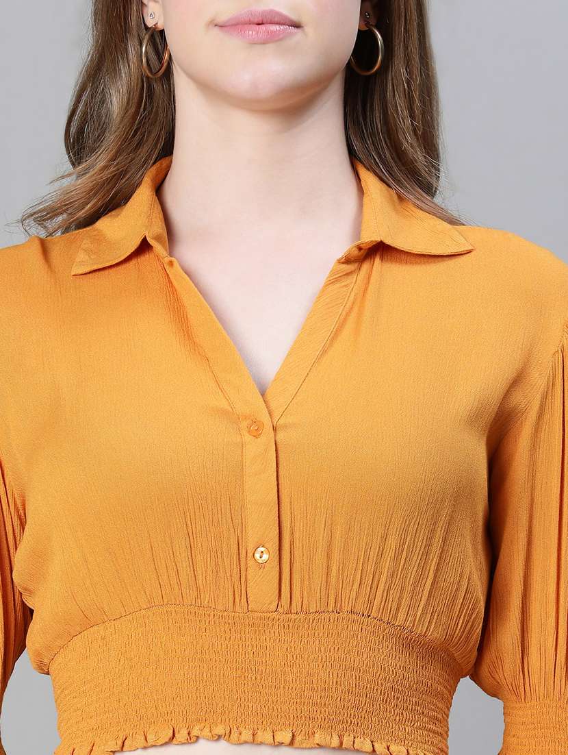 yellow solid puff sleeves shirt collar top - 20445620 - Standard Image - 5