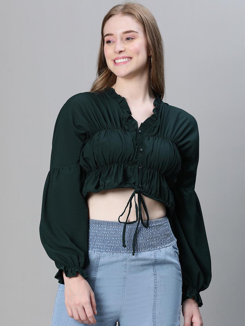 bishop sleeve solid blouson top - 20445623 - Zoom Image - 0