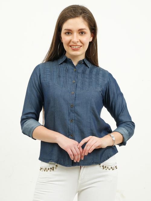 women's blue denim a-line shirt top - 20445654 - Standard Image - 0