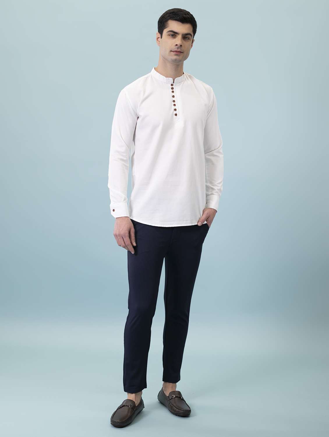 navy blue lycra flat front casual trouser - 20446790 -  Standard Image - 3