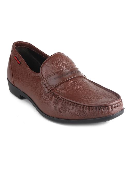 men solid brown leather slip on loafer - 20446792 - Standard Image - 0