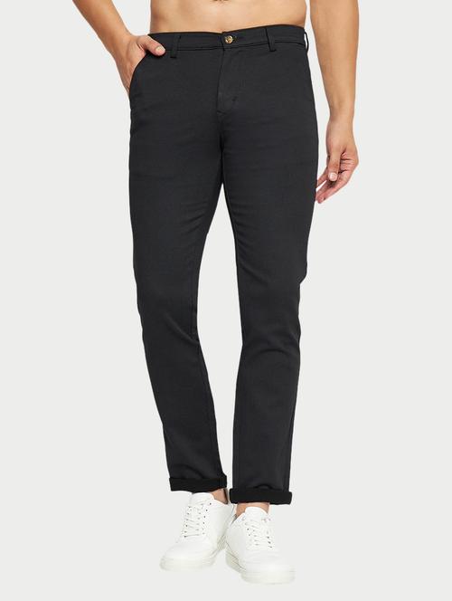 men solid black cotton flat front casual trouser - 20446910 - Standard Image - 0