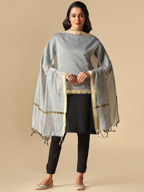 women grey plain chanderi dupatta - 20446922 -  Standard Image - 0
