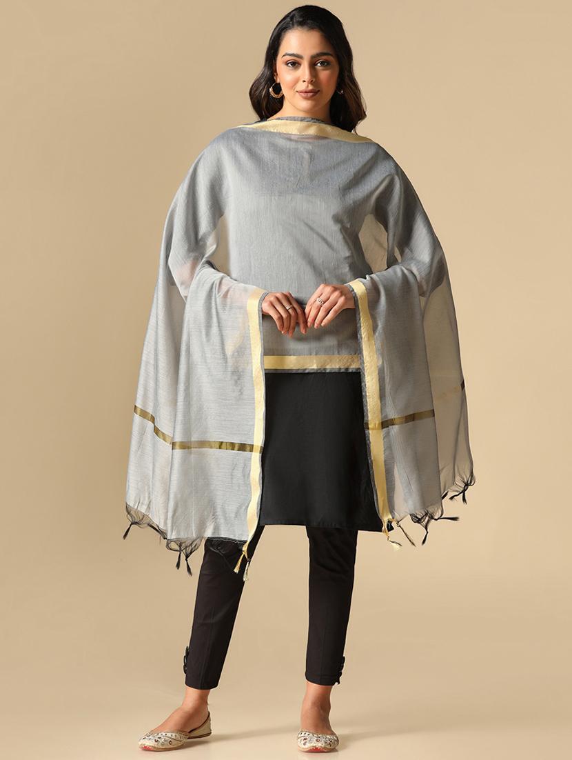 women grey plain chanderi dupatta - 20446922 -  Zoom Image - 0